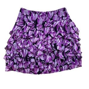 💜 Y2K Worthington Black Purple Floral Tiered Ruffle Mini Skirt Size 8